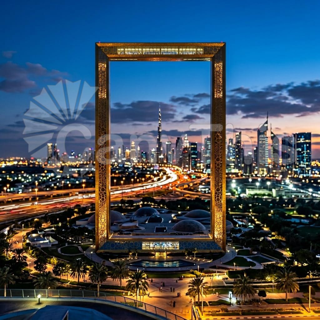 
									Dubai Frame — Golden Icon at Dusk