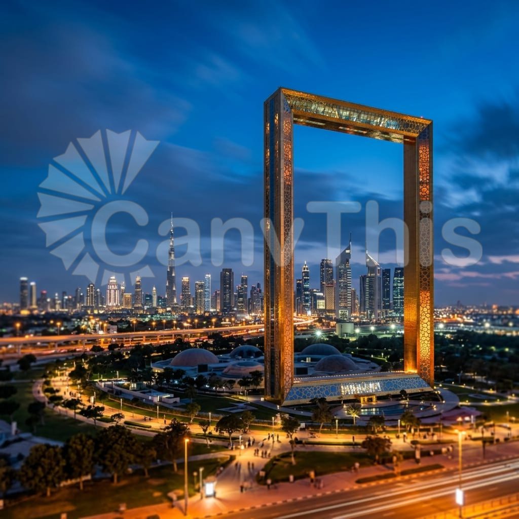 
									Dubai Frame — Gold Structure Sunset Portrait