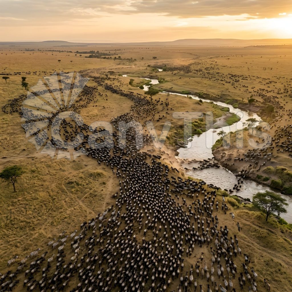 
									Serengeti Migration — Wildebeest River Crossing Aerial