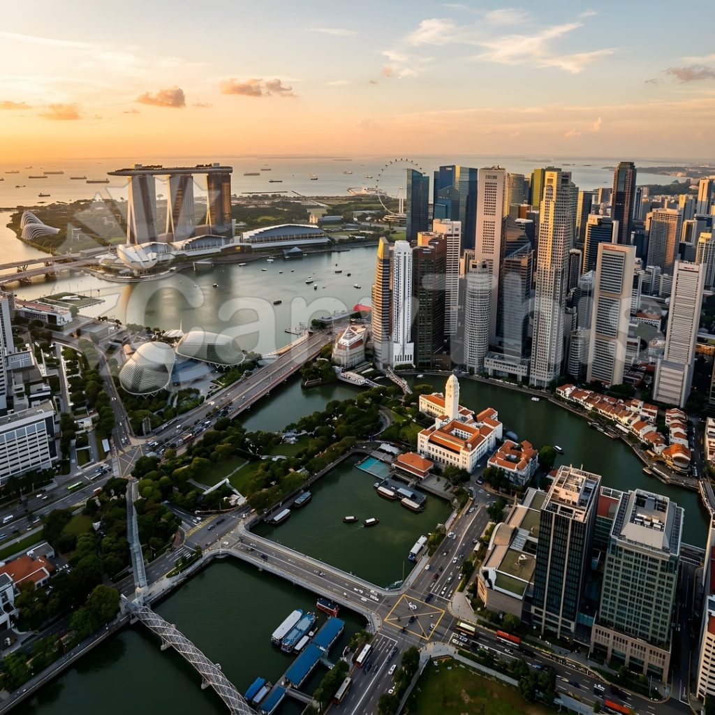 
									Singapore CBD — Vertical Density at Dusk from Drone