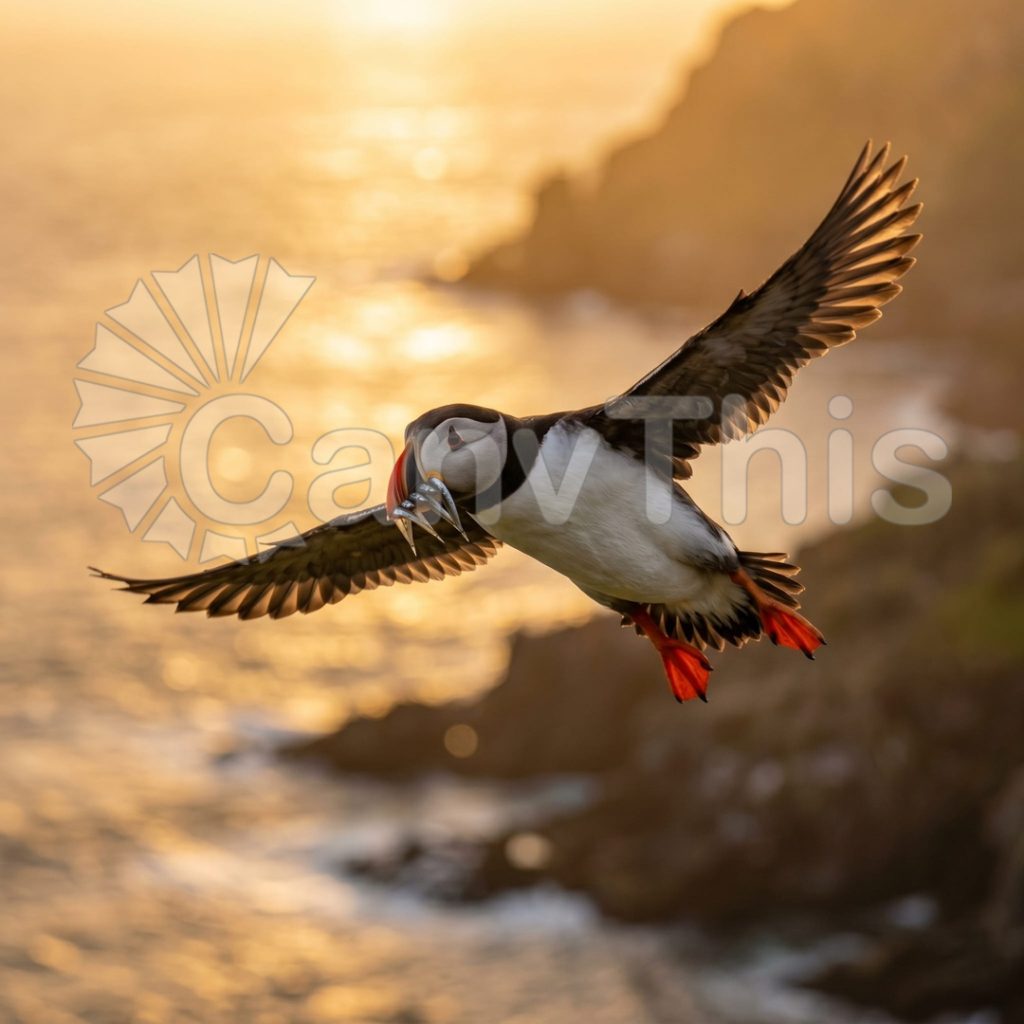 
									Puffin in Flight — Látrabjarg Cliff Approach