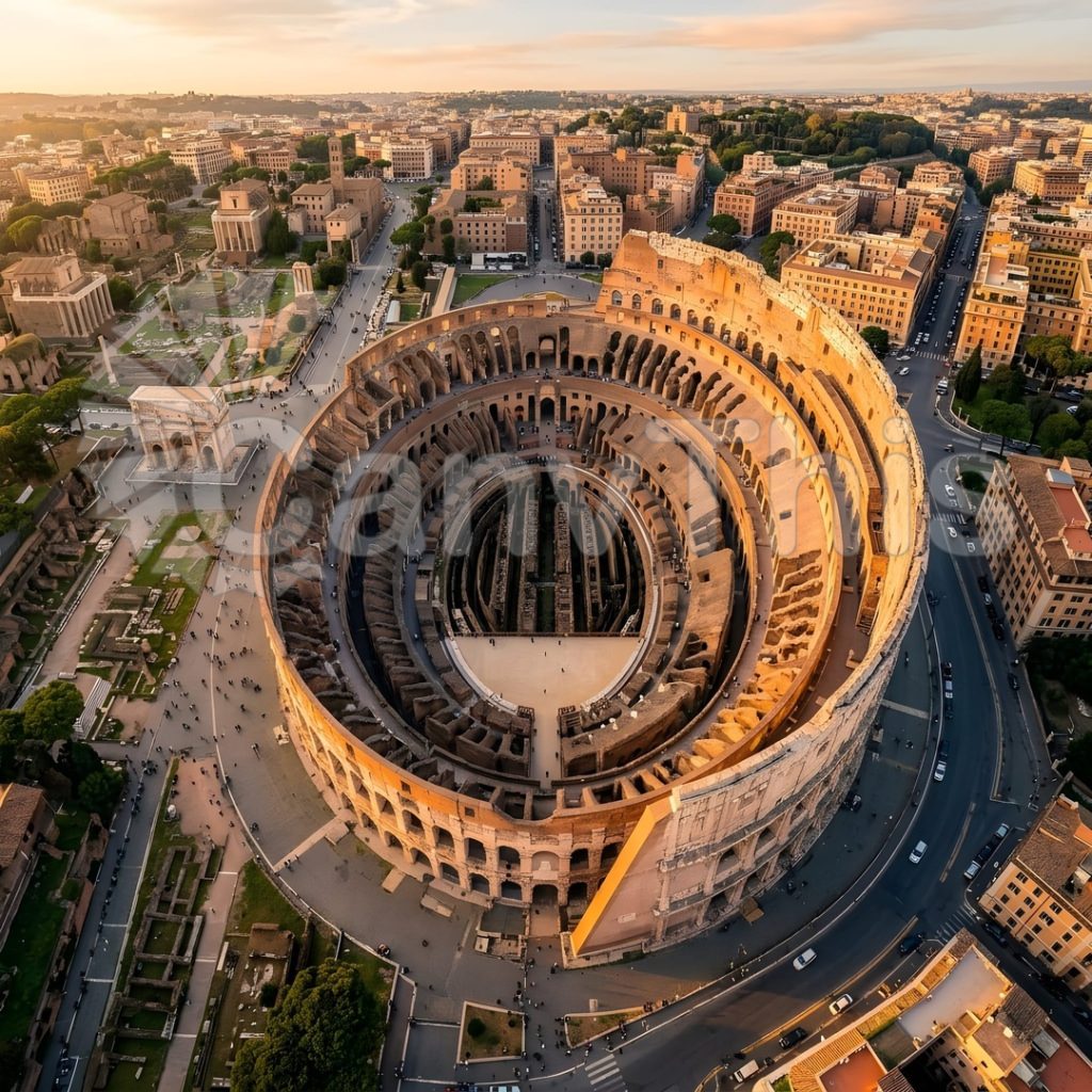 
									Colosseum Aerial — Roman Centre at Dawn