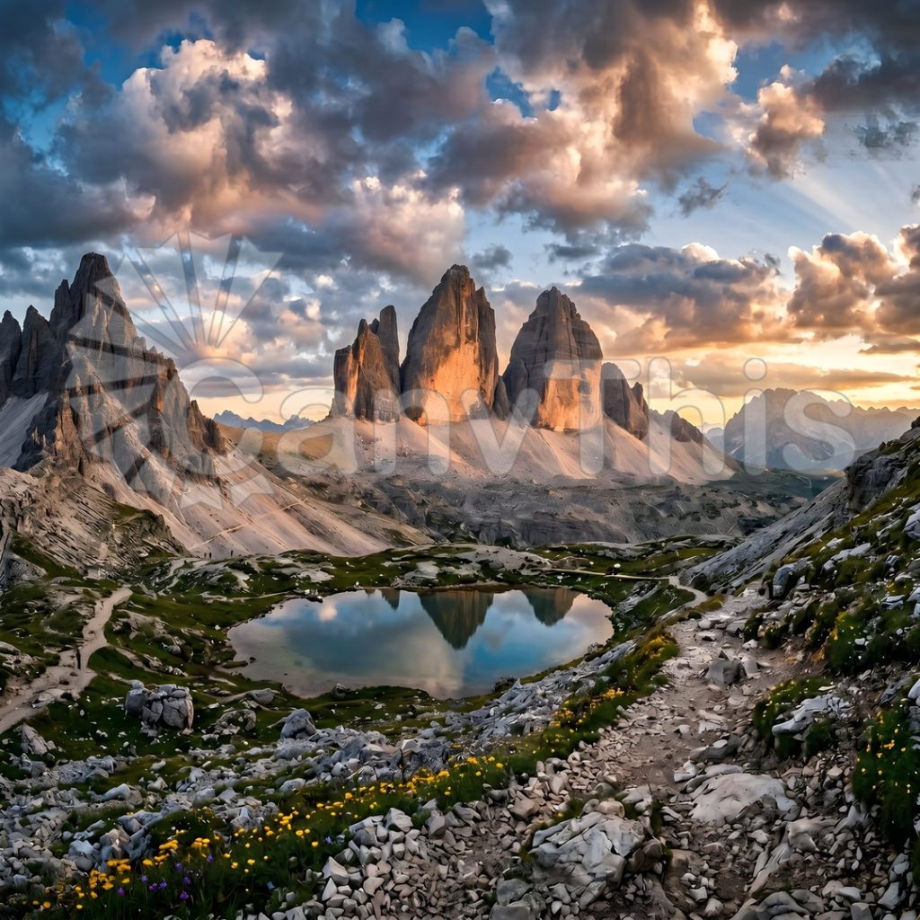 
									Dolomites Tre Cime — Sunset Lake Reflection