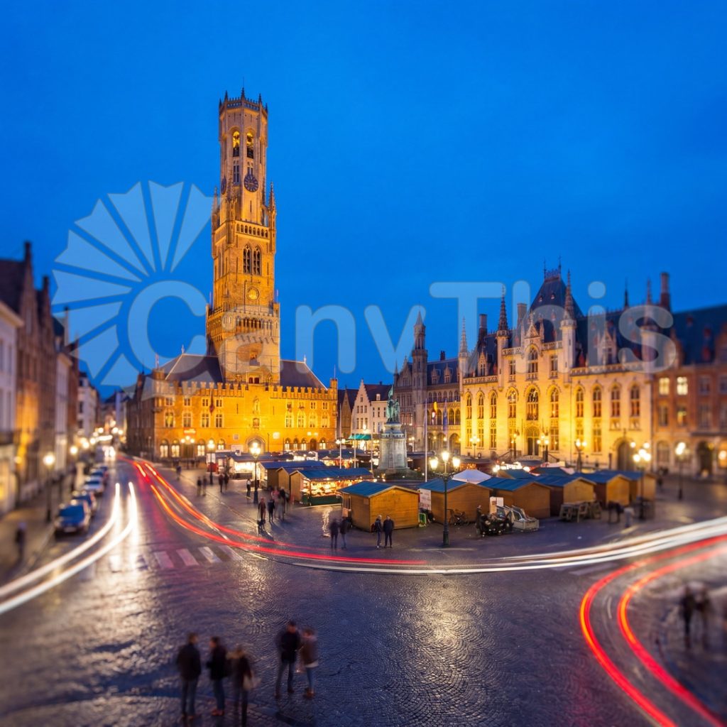 
									Bruges Central Square — Market Day Panorama